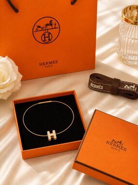 Authentic Hermès H Necklace Gold Tone Minimalist Pendant Chain Designer Jewelry